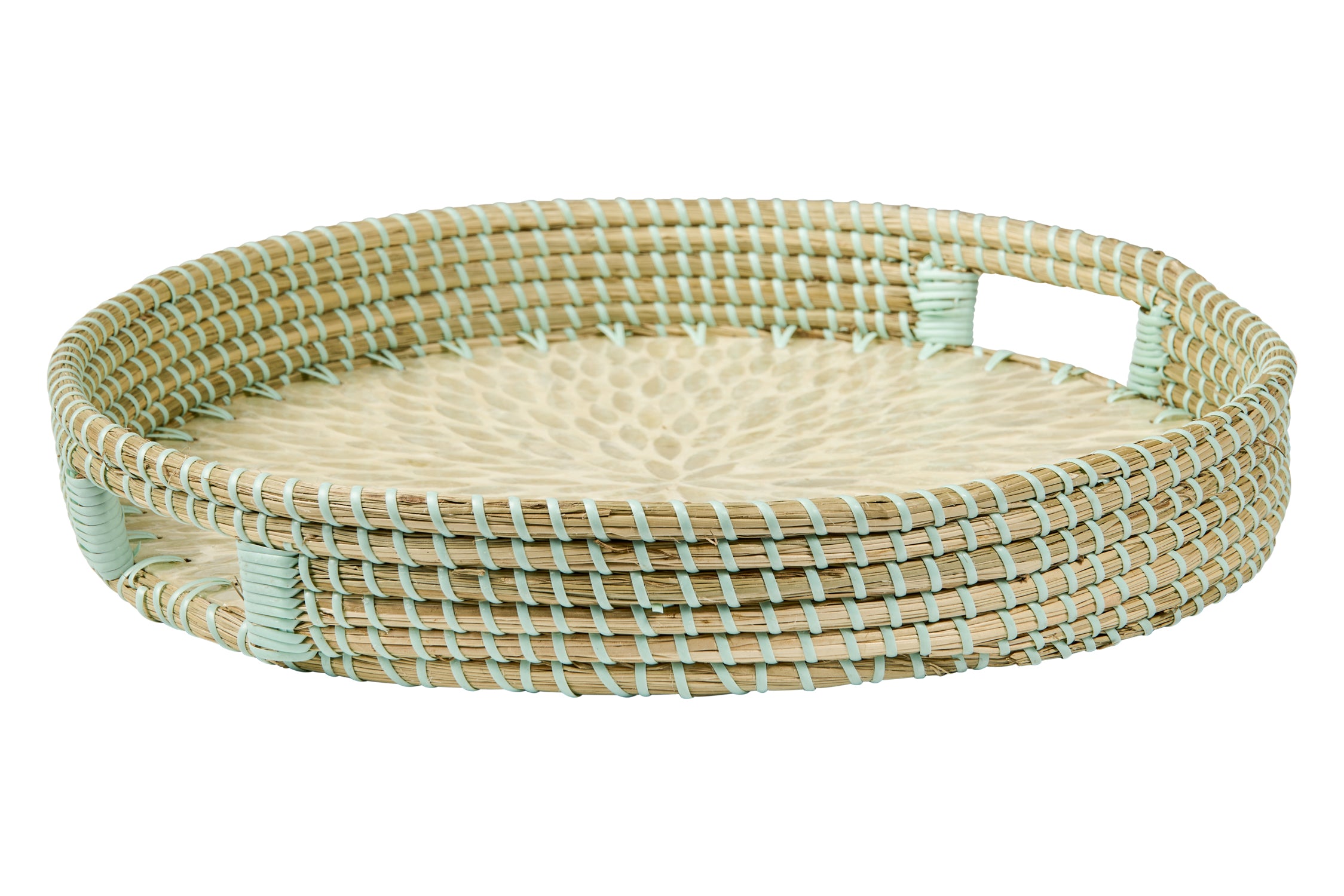 Vassoio tondo in giunco marino con mosaico in madreperla bianco