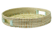 Vassoio tondo in giunco marino con mosaico in madreperla verde