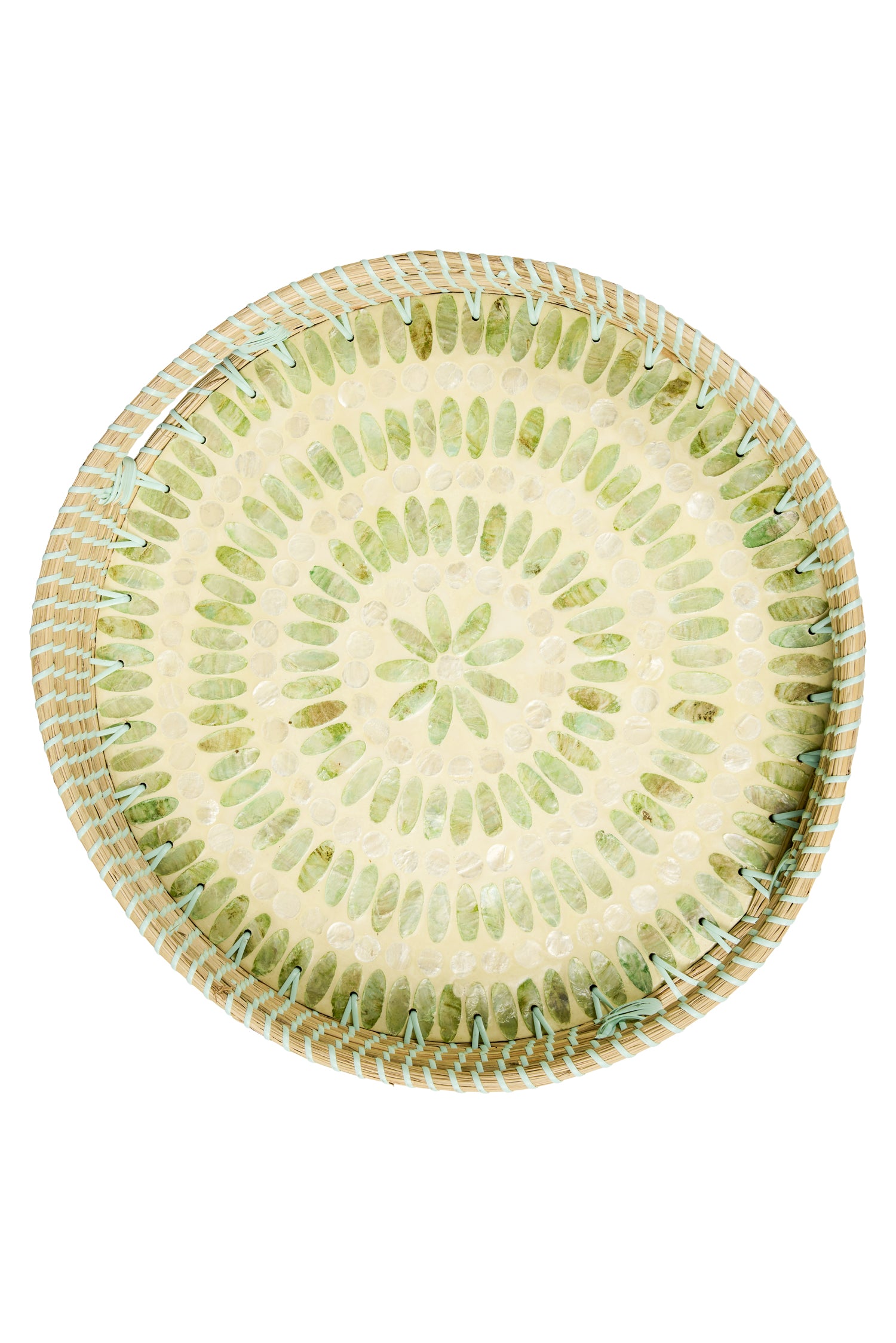 Vassoio tondo in giunco marino con mosaico in madreperla verde